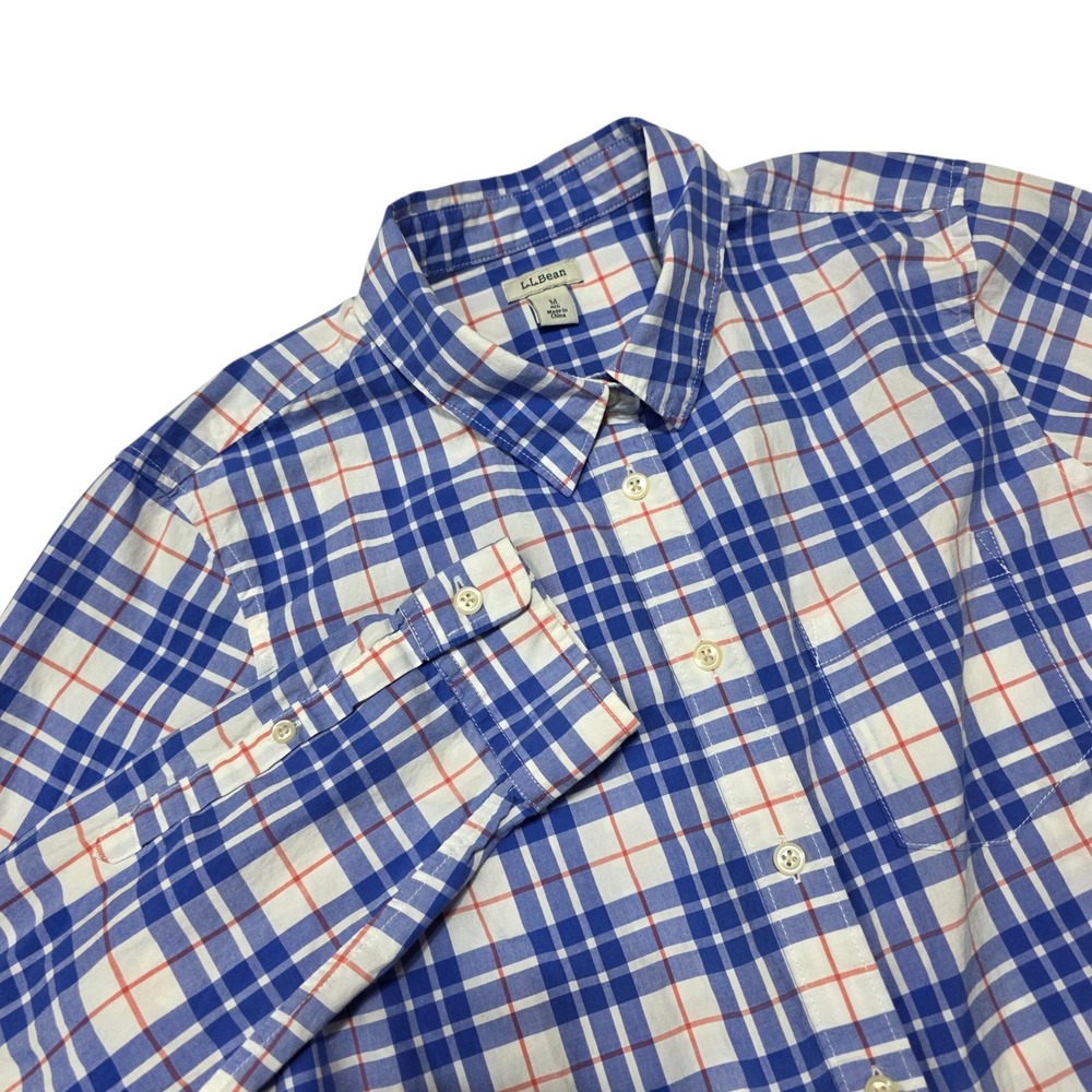 LL Bean‎ Button Down Shirt Womens M Blue White Plaid Cotton Long Sleeve 501210